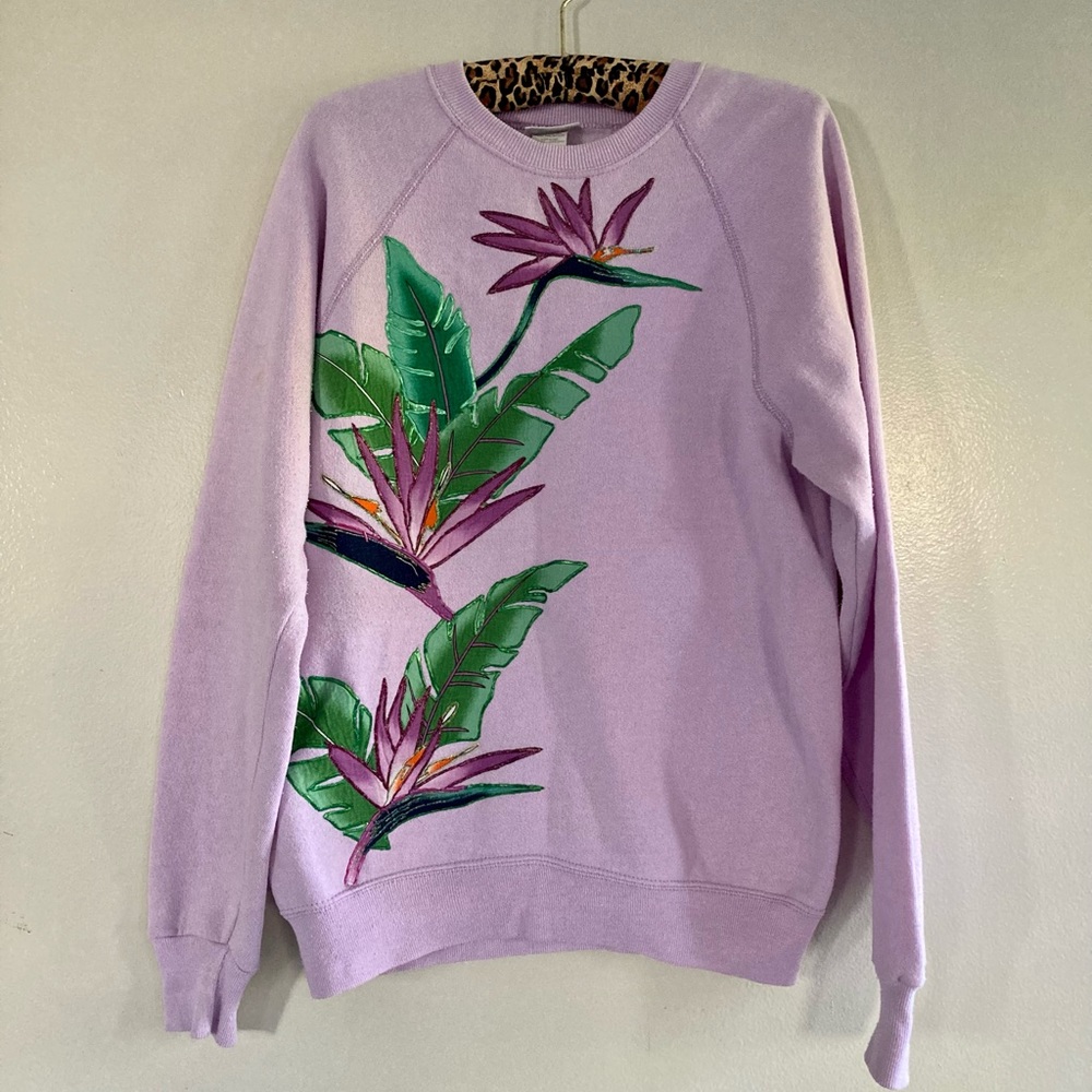 True Vintage 80s Lee Sweatshirt, Tropical Lavender, puffy paint appliqué…